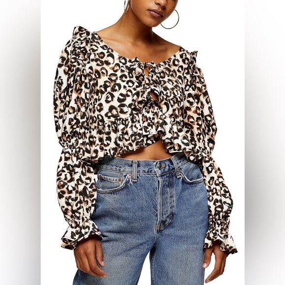 Topshop Leopard Long Sleeve Ruffle Peplum Crop Top - Picture 1 of 10